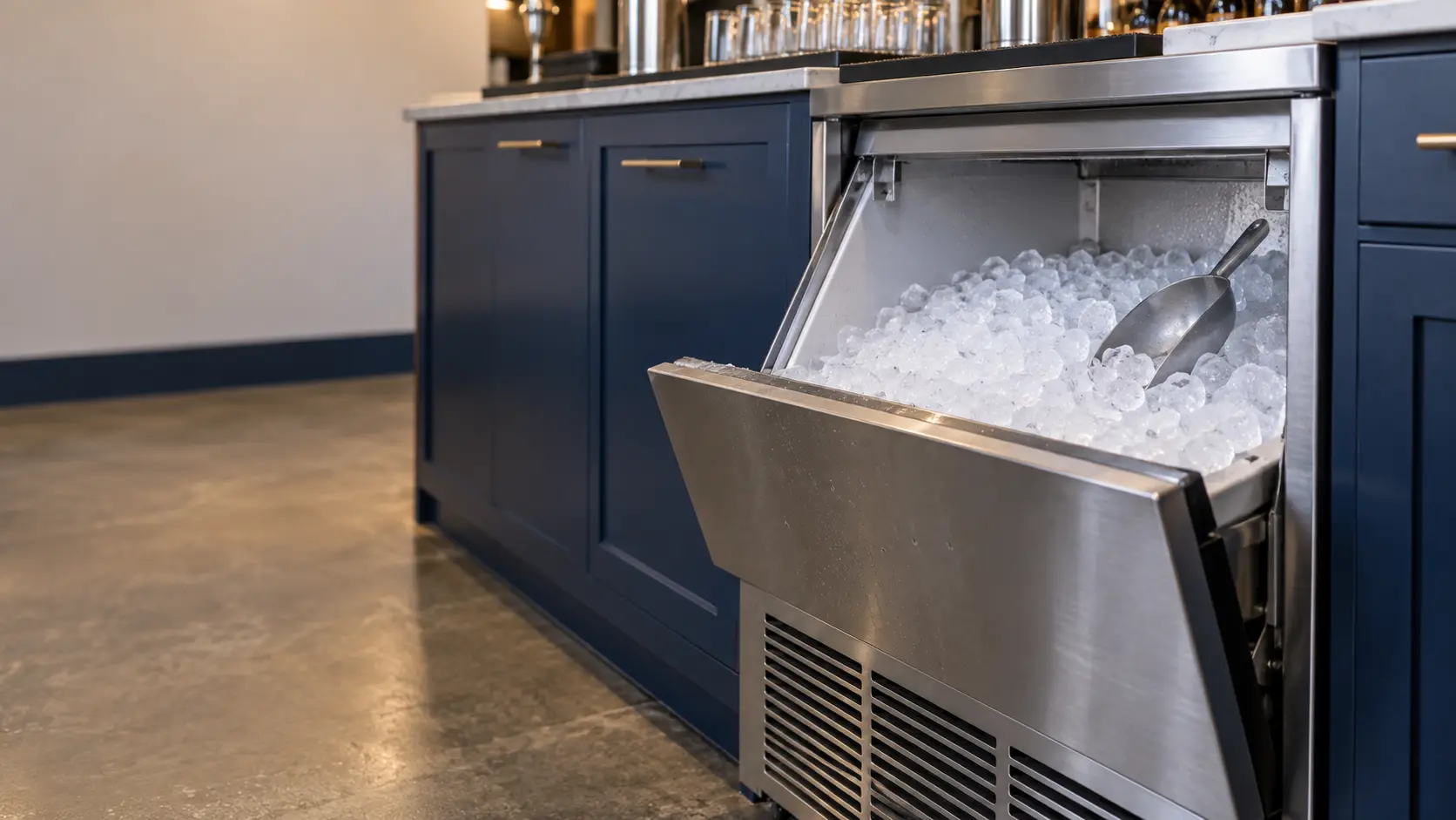 A bar with an undercounter ice machine and navy painted cabinets, seen close at the ice machine's bin door.