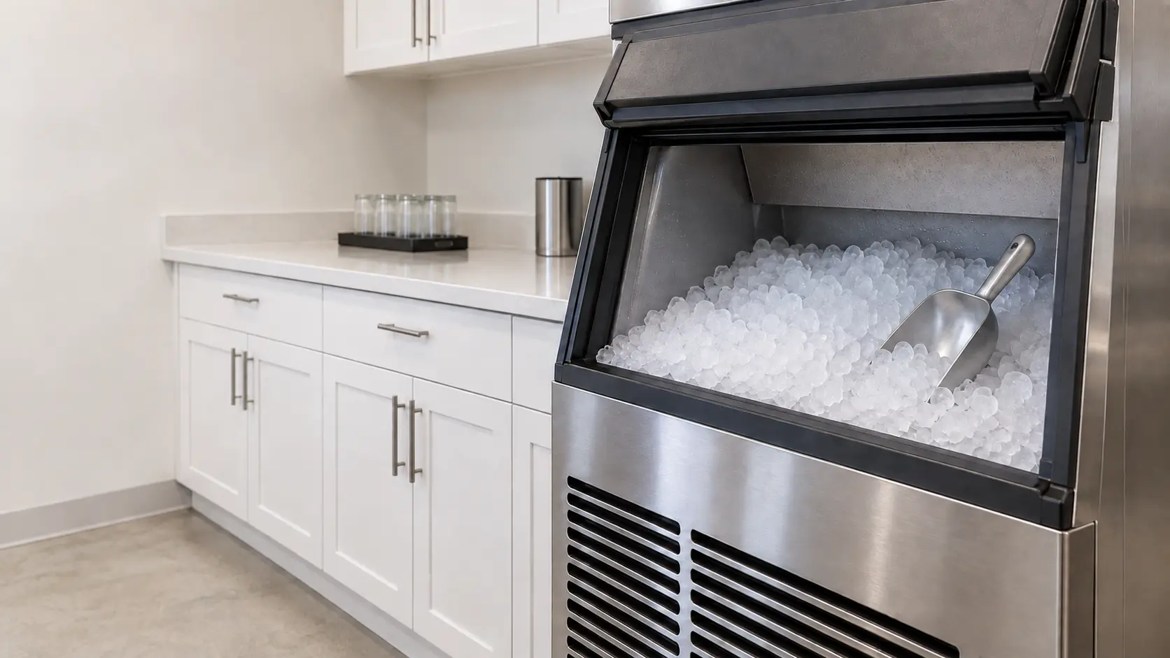 An office break room with a nugget ice machine and white shaker cabinets, seen close at the ice machine's bin door.