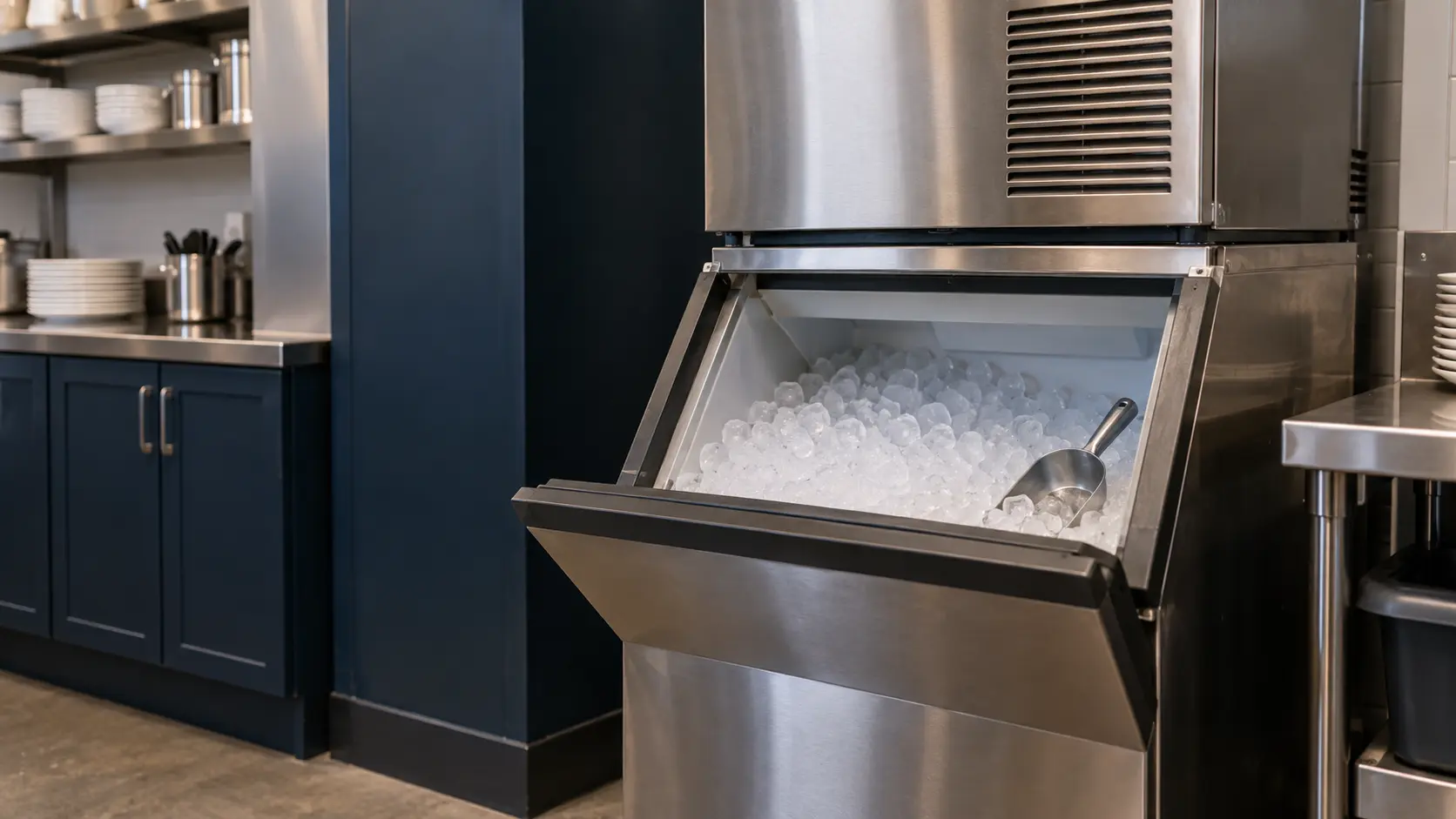 A restaurant back room with a modular ice machine on its bin and navy painted cabinets, seen close at the ice machine's bin door.