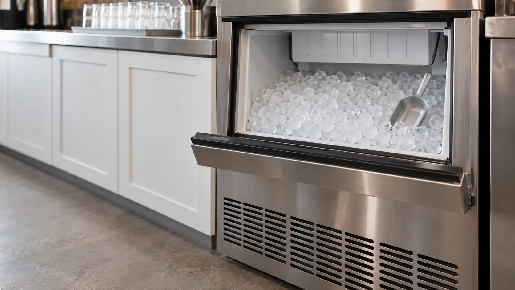 A bar with an undercounter ice machine and white shaker cabinets, seen close at the ice machine's bin door.