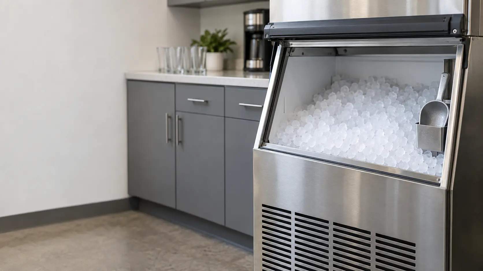 An office break room with a nugget ice machine and gray slab cabinets, seen close at the ice machine's bin door.