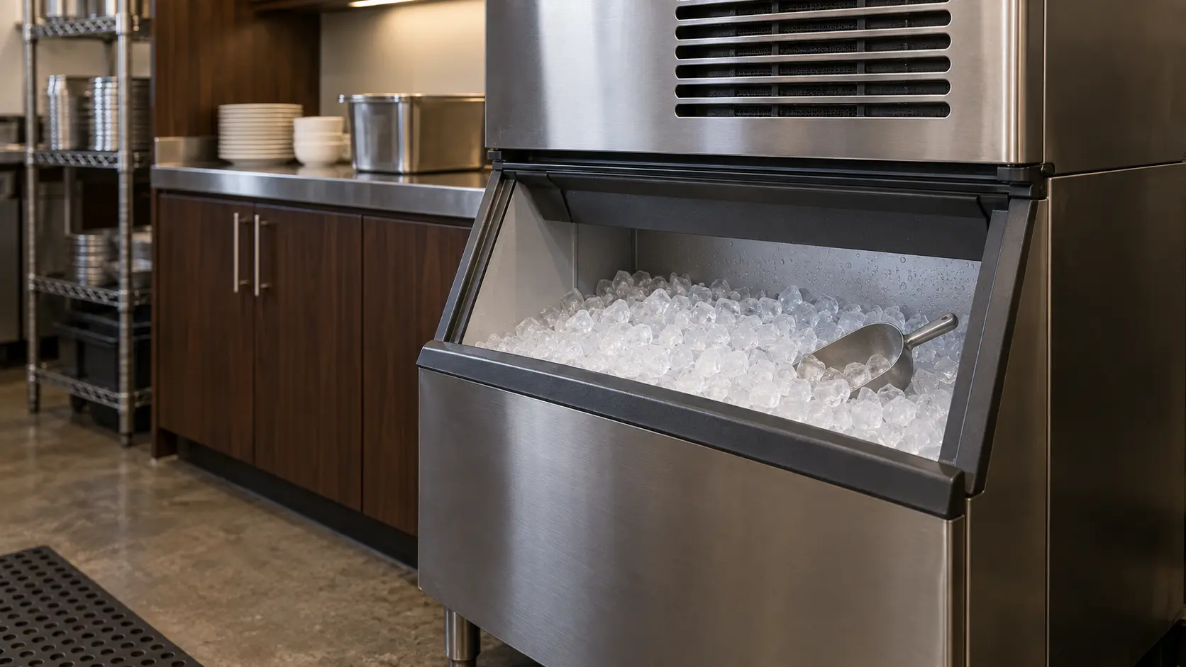 A restaurant back room with a modular ice machine on its bin and dark walnut cabinets, seen close at the ice machine's bin door.