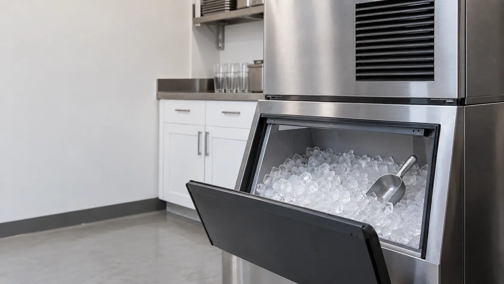A restaurant back room with a modular ice machine on its bin and white shaker cabinets, seen close at the ice machine's bin door.