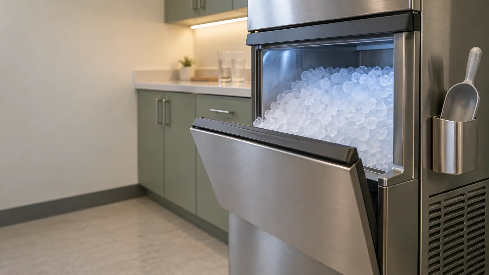 An office break room with a nugget ice machine and sage green cabinets, seen close at the ice machine's bin door.