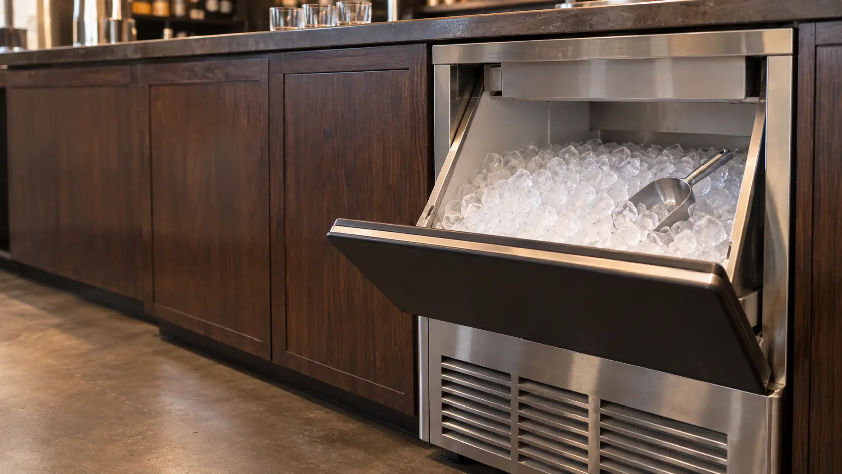 A bar with an undercounter ice machine and dark walnut cabinets, seen close at the ice machine's bin door.