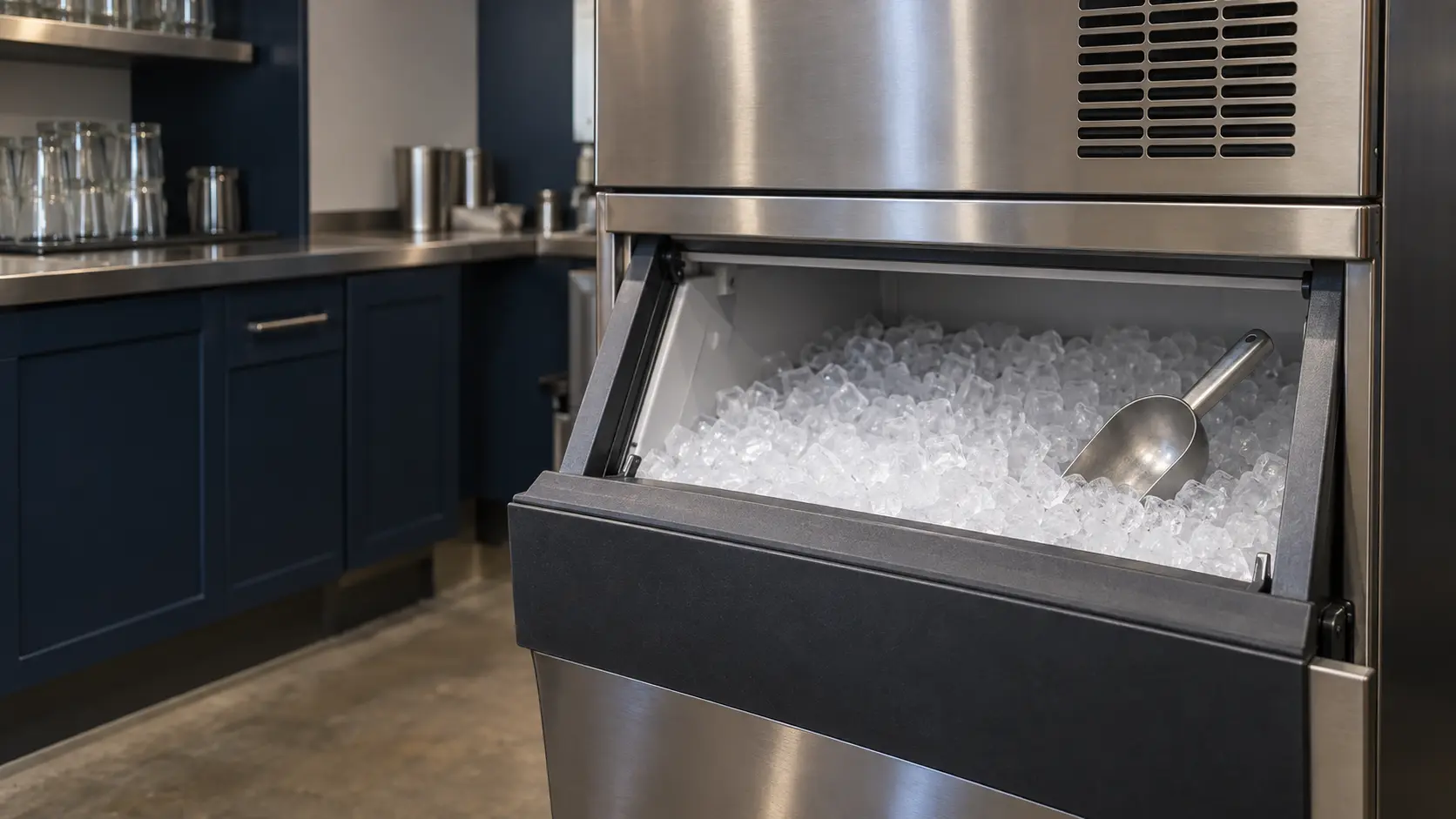 A restaurant back room with a modular ice machine on its bin and navy painted cabinets, seen close at the ice machine's bin door.