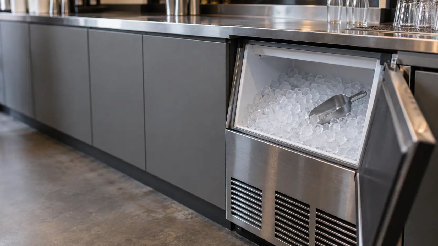 A bar with an undercounter ice machine and gray slab cabinets, seen close at the ice machine's bin door.