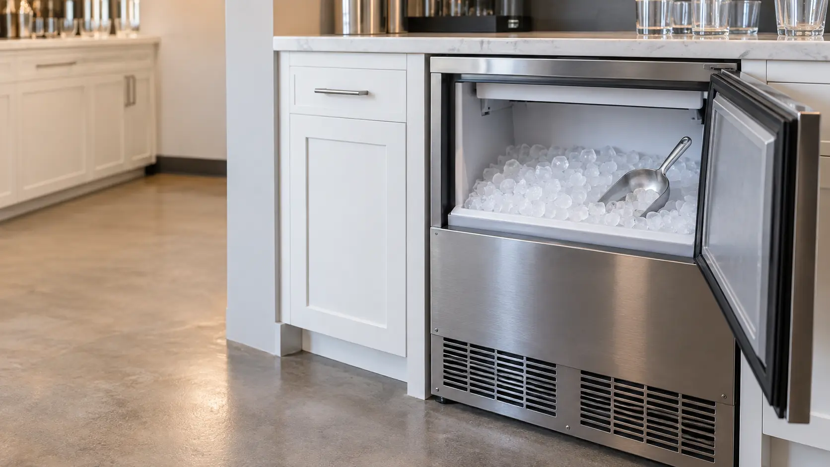 A bar with an undercounter ice machine and white shaker cabinets, seen close at the ice machine's bin door.
