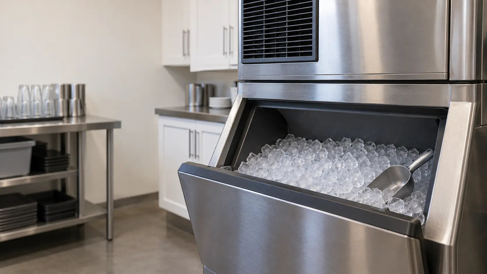 A restaurant back room with a modular ice machine on its bin and white shaker cabinets, seen close at the ice machine's bin door.