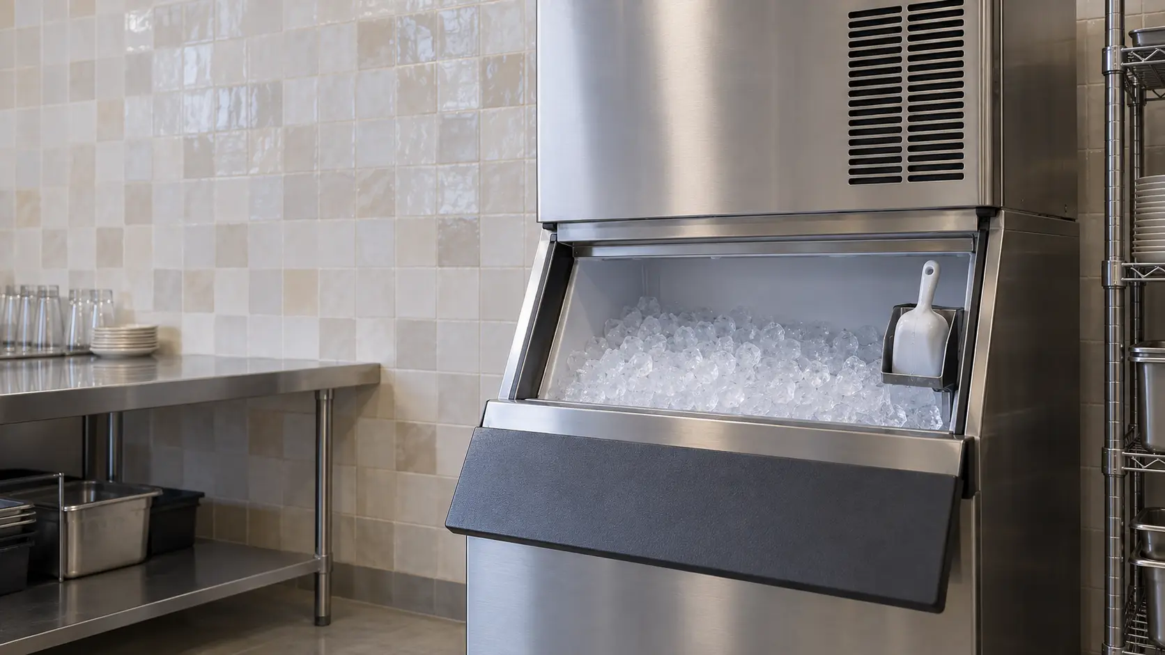 A restaurant back room with a modular ice machine on its bin and a zellige tile backsplash, seen close at the ice machine's bin door.