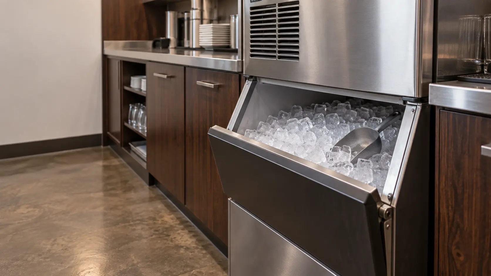 A restaurant back room with a modular ice machine on its bin and dark walnut cabinets, seen close at the ice machine's bin door.