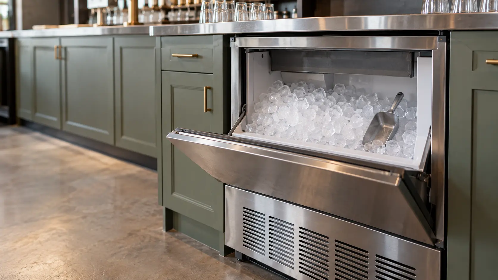 A bar with an undercounter ice machine and sage green cabinets, seen close at the ice machine's bin door.