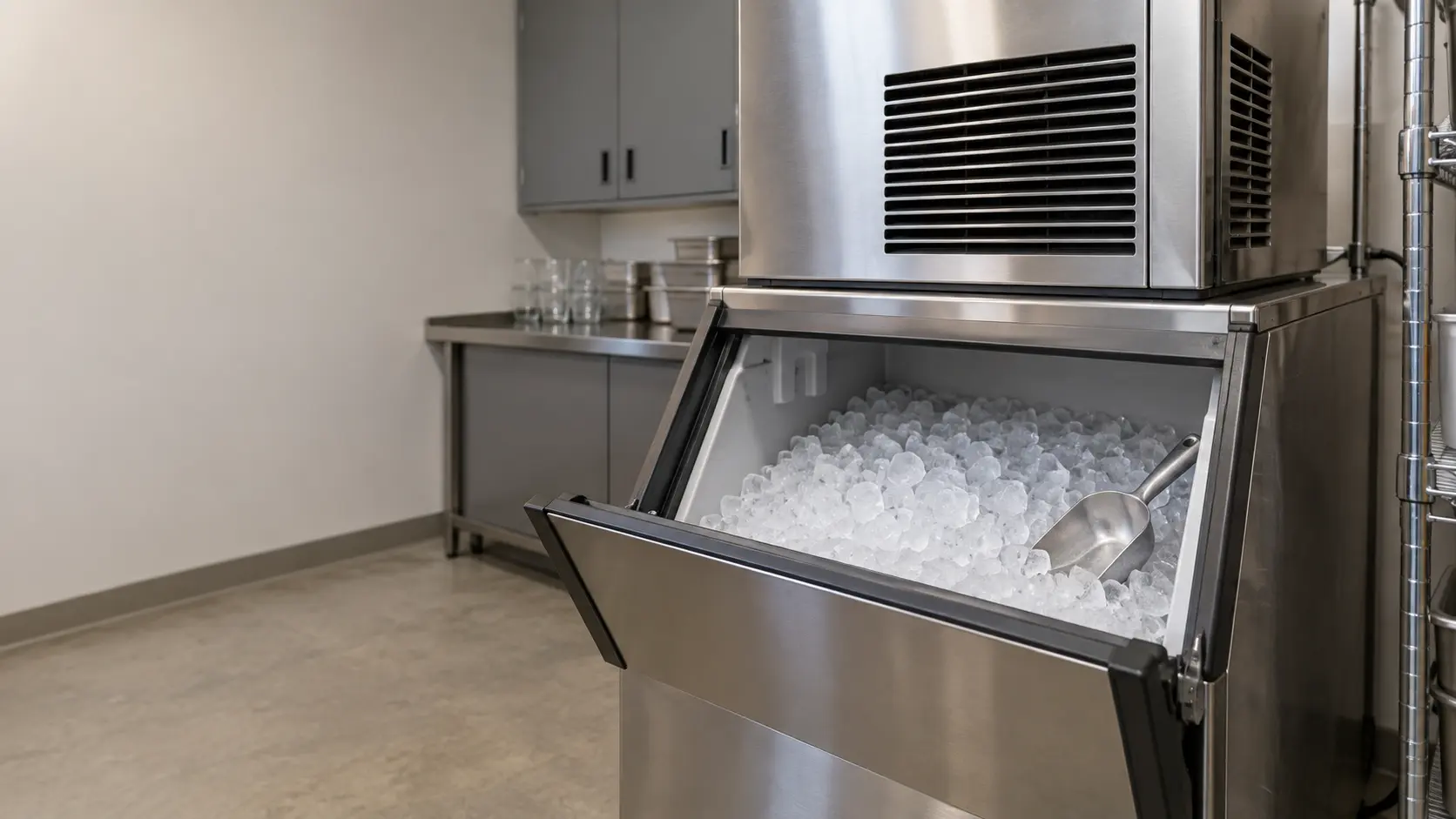 A restaurant back room with a modular ice machine on its bin and gray slab cabinets, seen close at the ice machine's bin door.