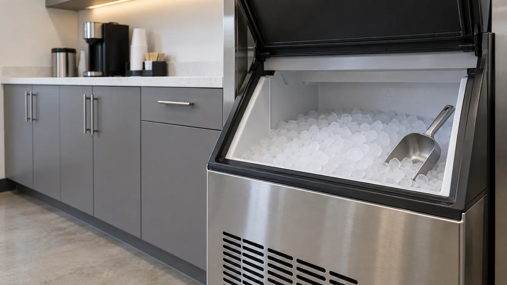An office break room with a nugget ice machine and gray slab cabinets, seen close at the ice machine's bin door.