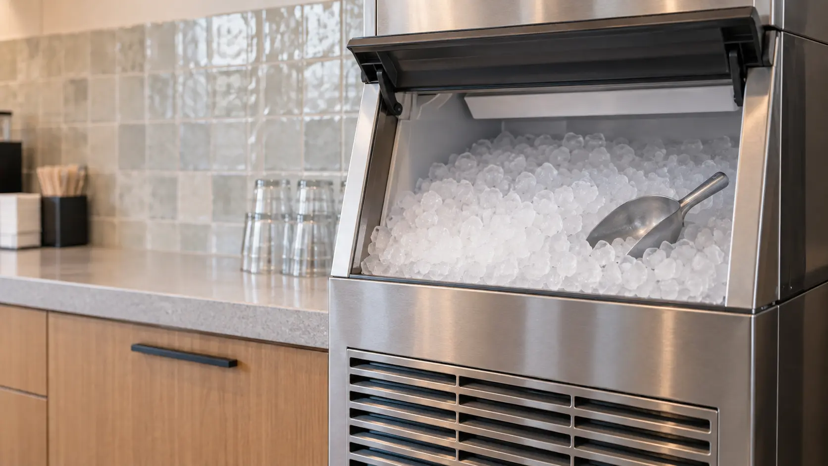 An office break room with a nugget ice machine and a zellige tile backsplash, seen close at the ice machine's bin door.