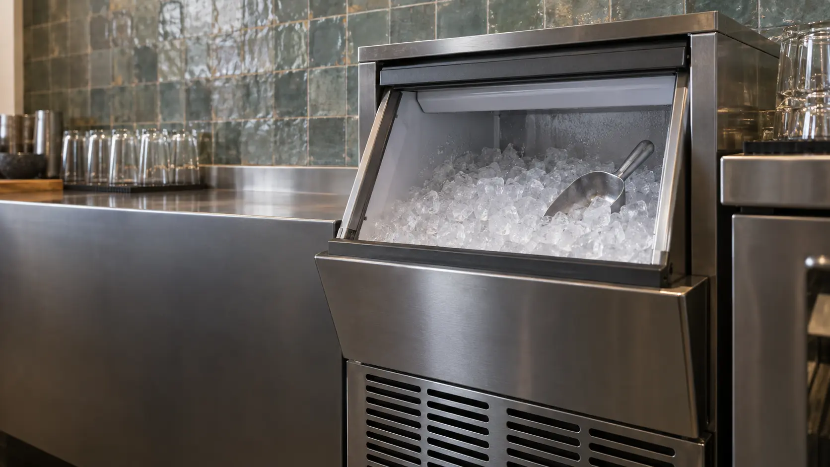 A bar with an undercounter ice machine and a zellige tile backsplash, seen close at the ice machine's bin door.