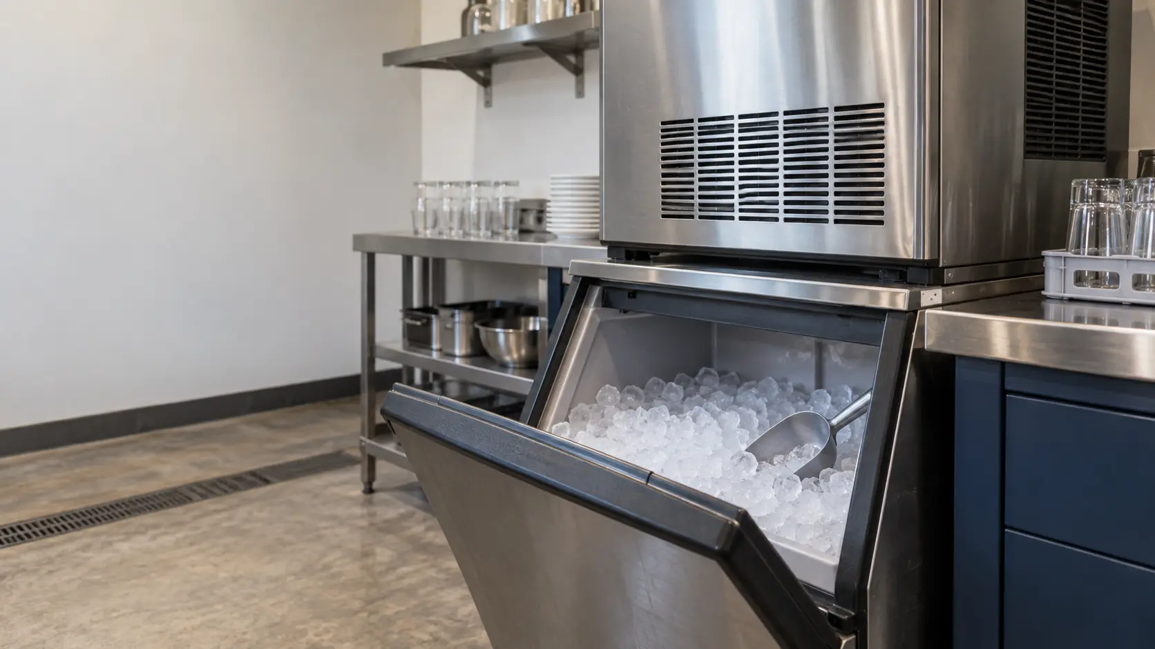 A restaurant back room with a modular ice machine on its bin and navy painted cabinets, seen close at the ice machine's bin door.