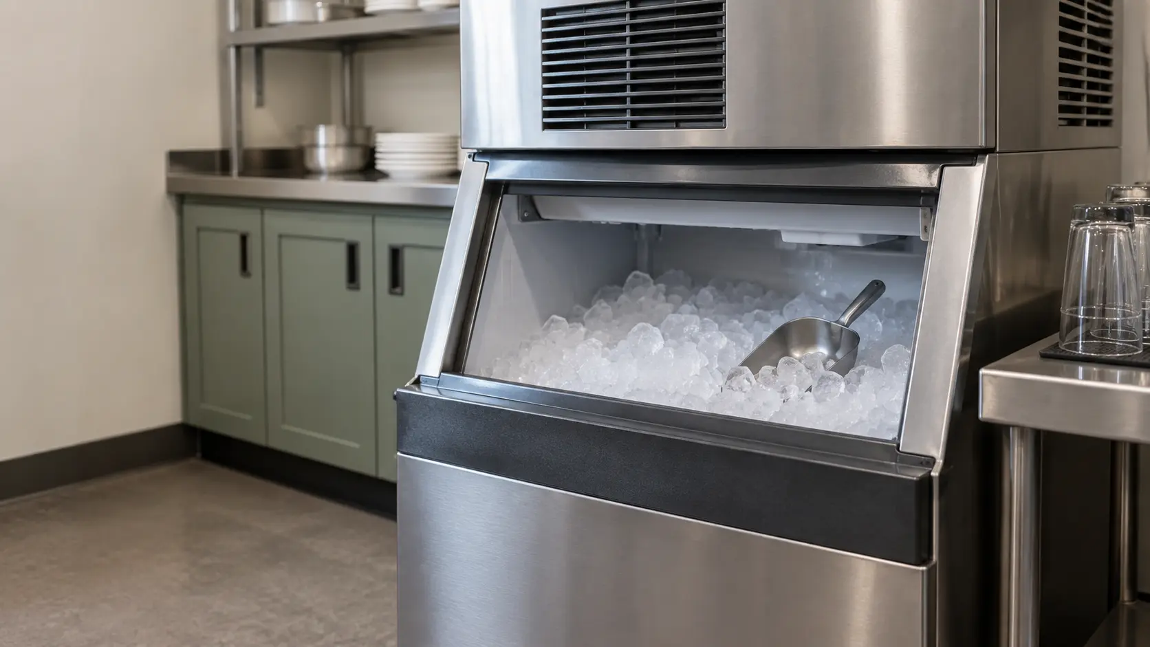 A restaurant back room with a modular ice machine on its bin and sage green cabinets, seen close at the ice machine's bin door.