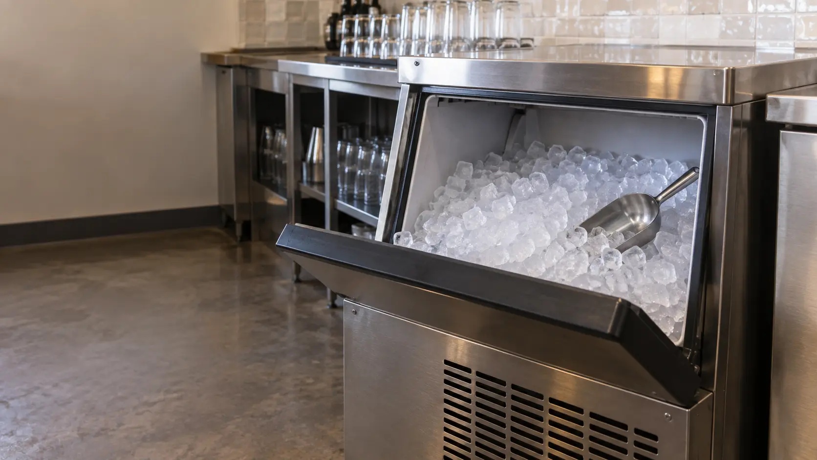 A bar with an undercounter ice machine and a zellige tile backsplash, seen close at the ice machine's bin door.