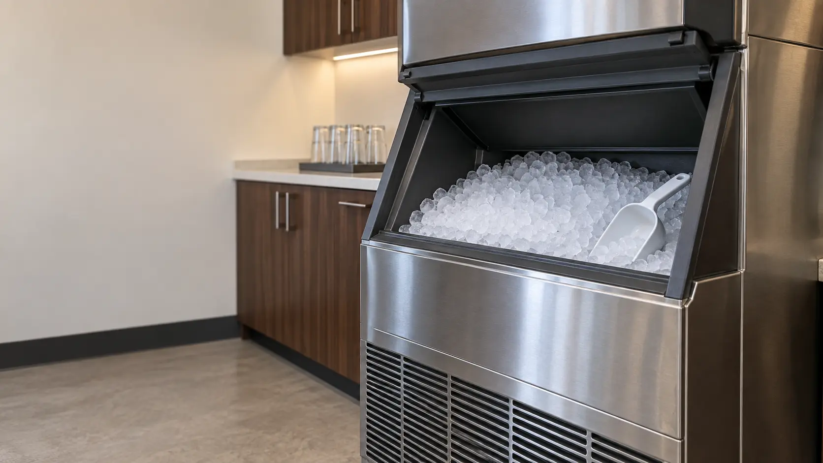 An office break room with a nugget ice machine and dark walnut cabinets, seen close at the ice machine's bin door.