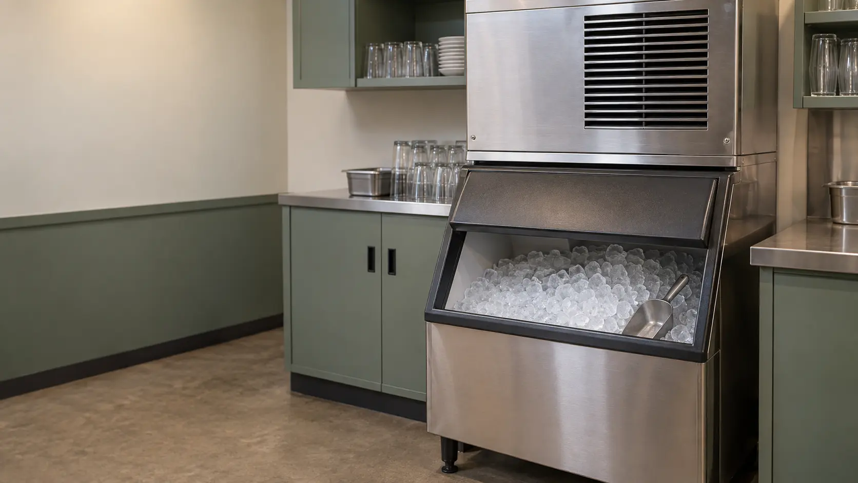 A restaurant back room with a modular ice machine on its bin and sage green cabinets, seen close at the ice machine's bin door.