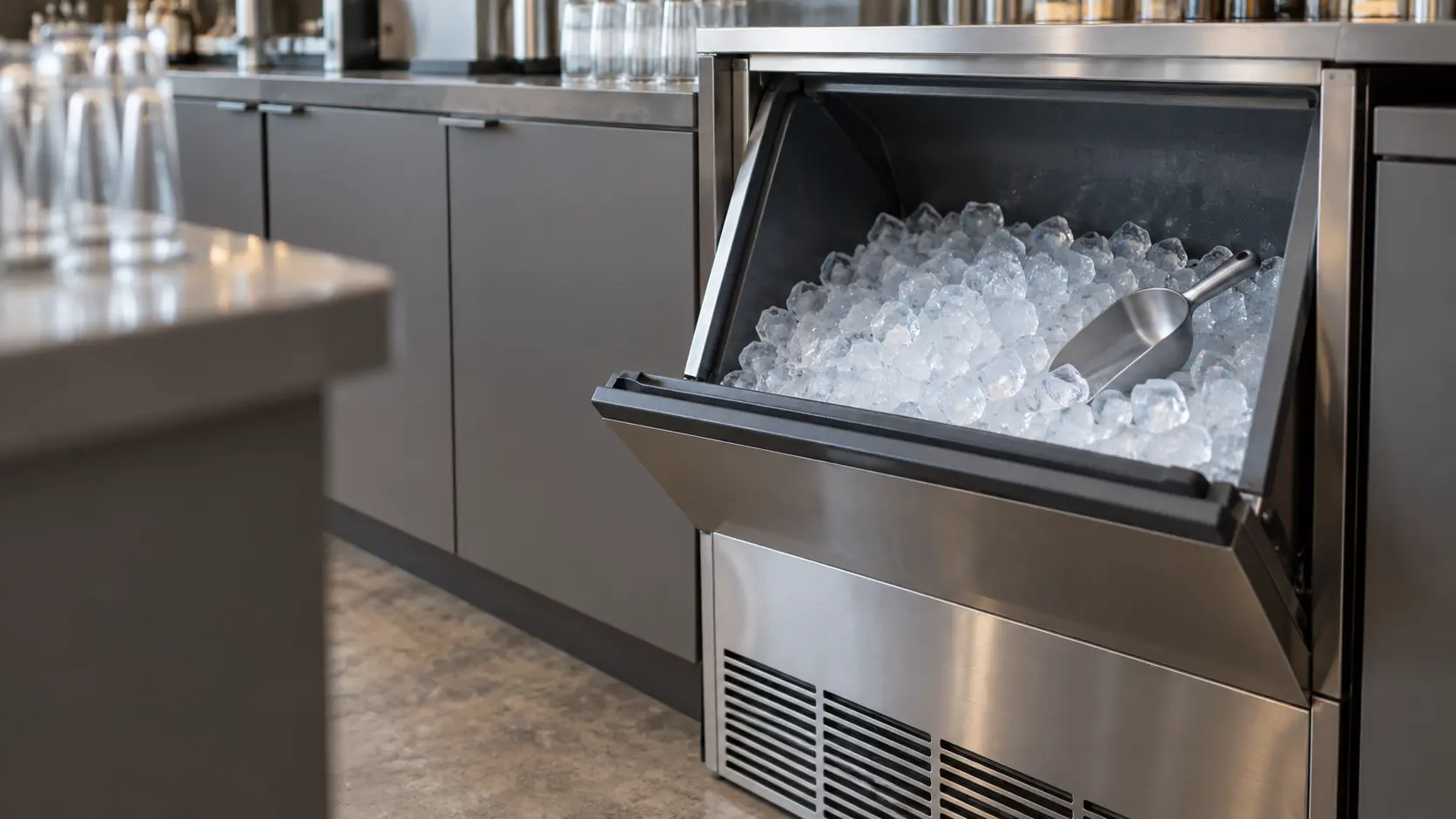 A bar with an undercounter ice machine and gray slab cabinets, seen close at the ice machine's bin door.
