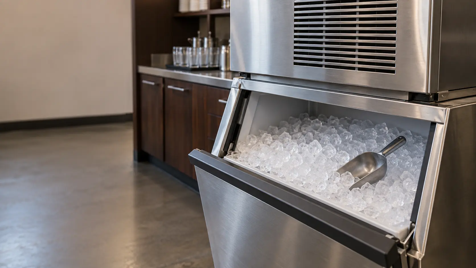 A restaurant back room with a modular ice machine on its bin and dark walnut cabinets, seen close at the ice machine's bin door.