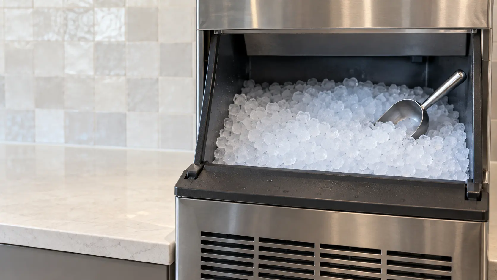 An office break room with a nugget ice machine and a zellige tile backsplash, seen close at the ice machine's bin door.