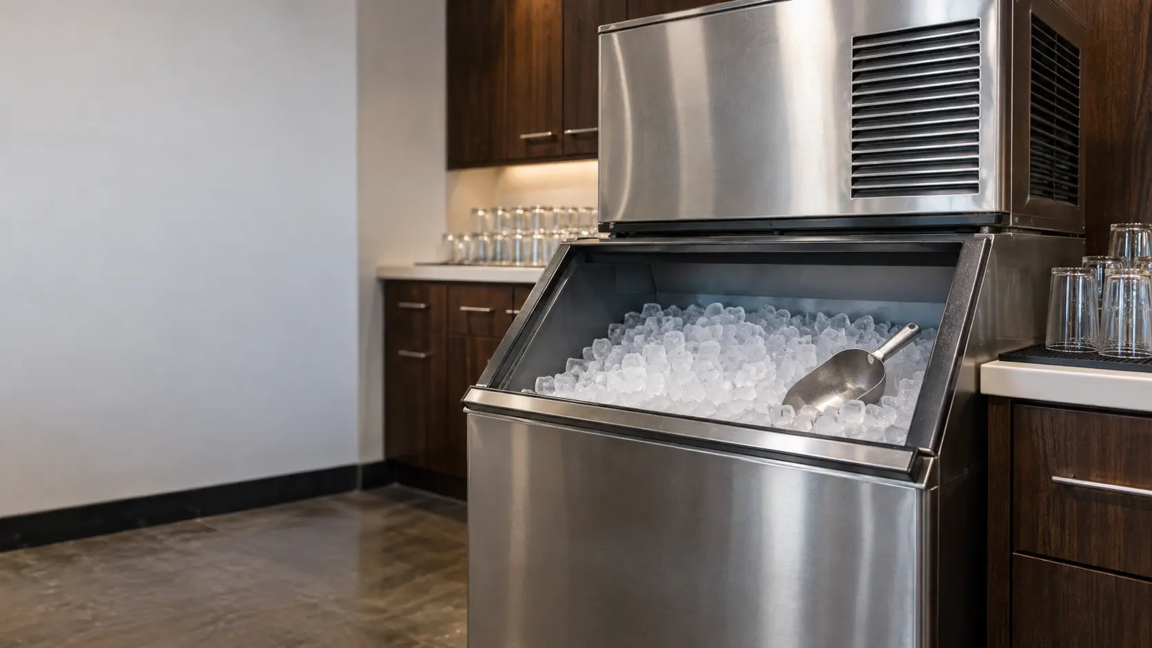 A restaurant back room with a modular ice machine on its bin and dark walnut cabinets, seen close at the ice machine's bin door.