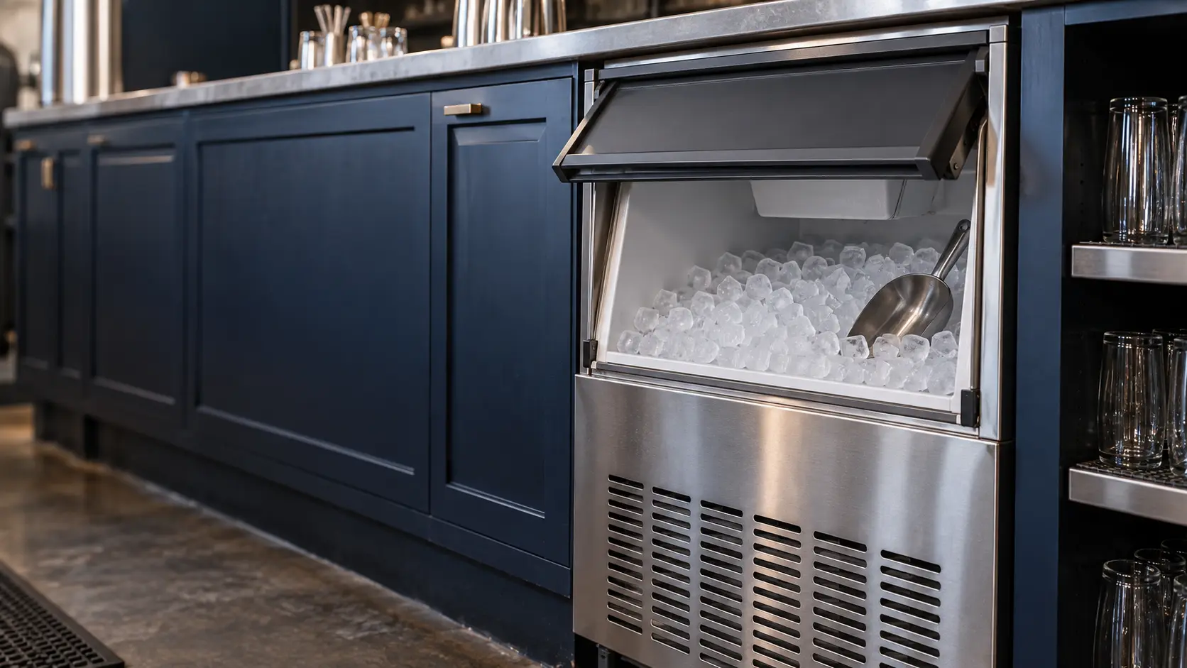 A bar with an undercounter ice machine and navy painted cabinets, seen close at the ice machine's bin door.