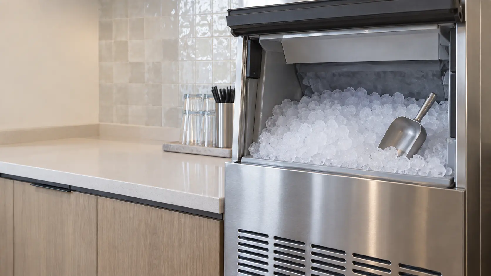 An office break room with a nugget ice machine and a zellige tile backsplash, seen close at the ice machine's bin door.