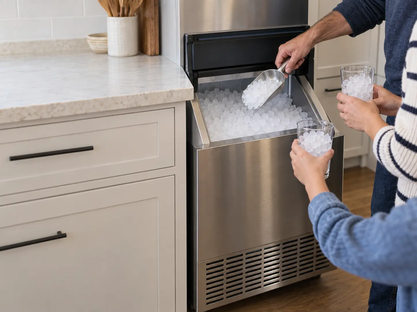 A family filling glasses with nugget ice from an ice machine in a large home kitchen.