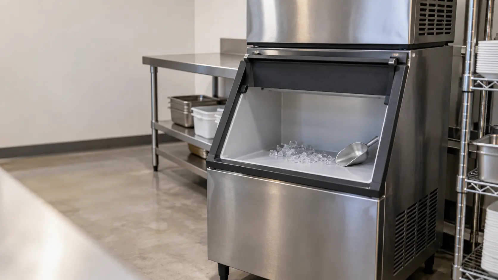 A few small, hollow cubes at the bottom of an ice machine bin.