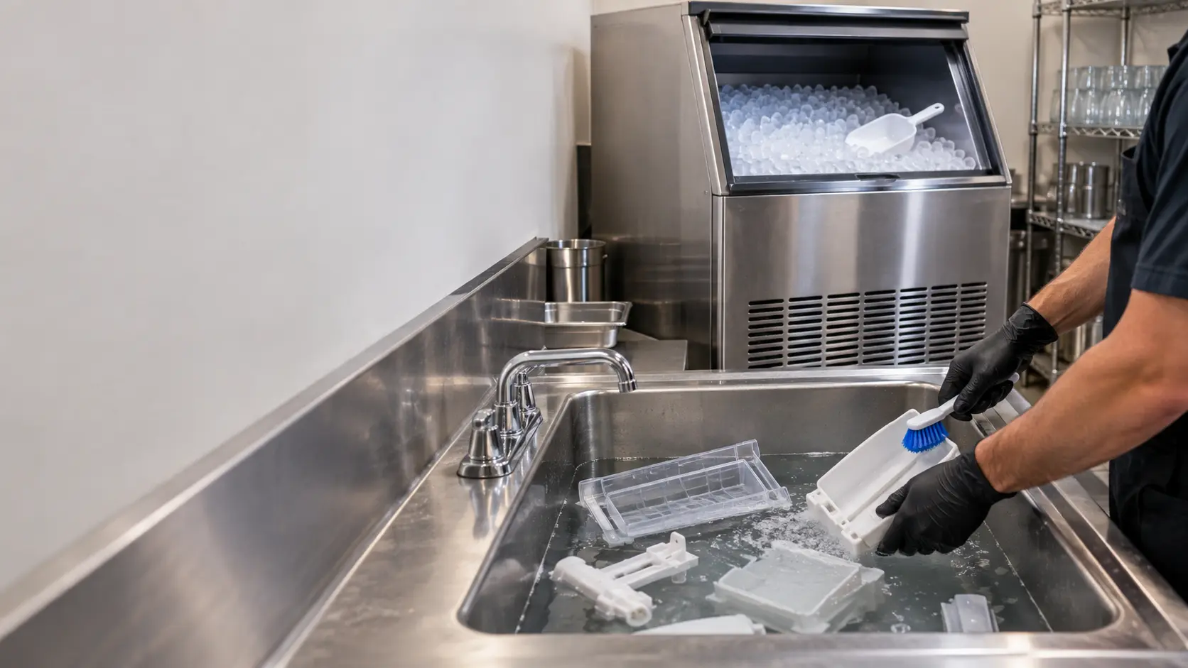 Removed plastic parts of an ice machine soaking in a sink of cleaning solution.