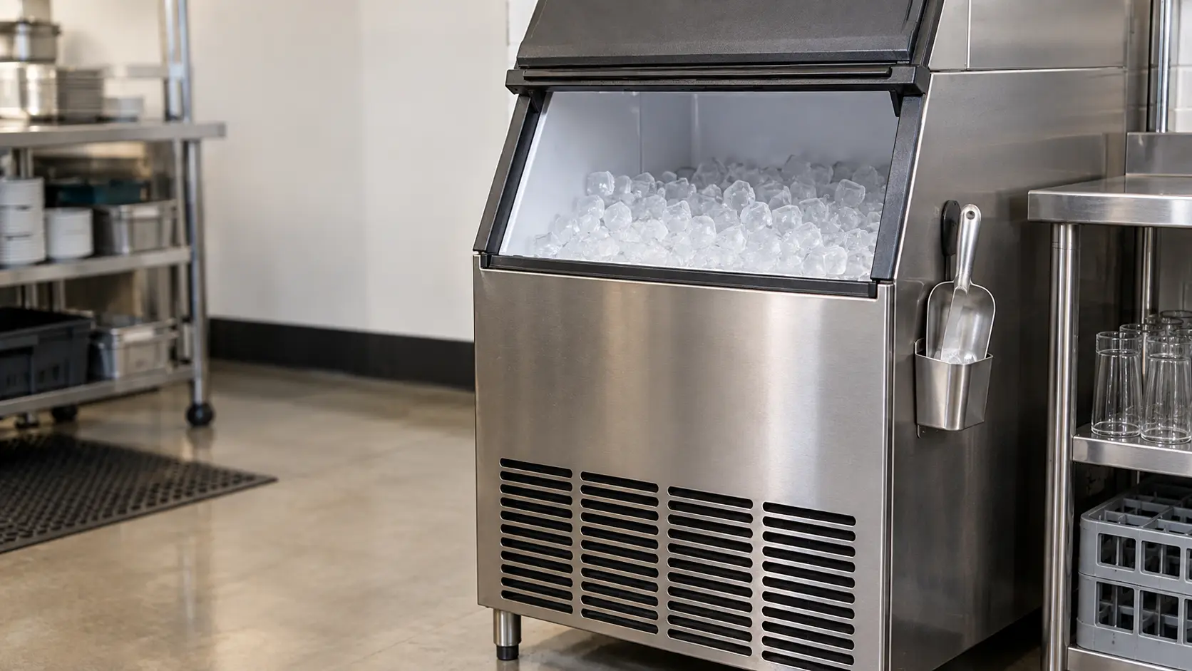 A clean ice scoop hanging in its holder beside the bin of an ice machine.