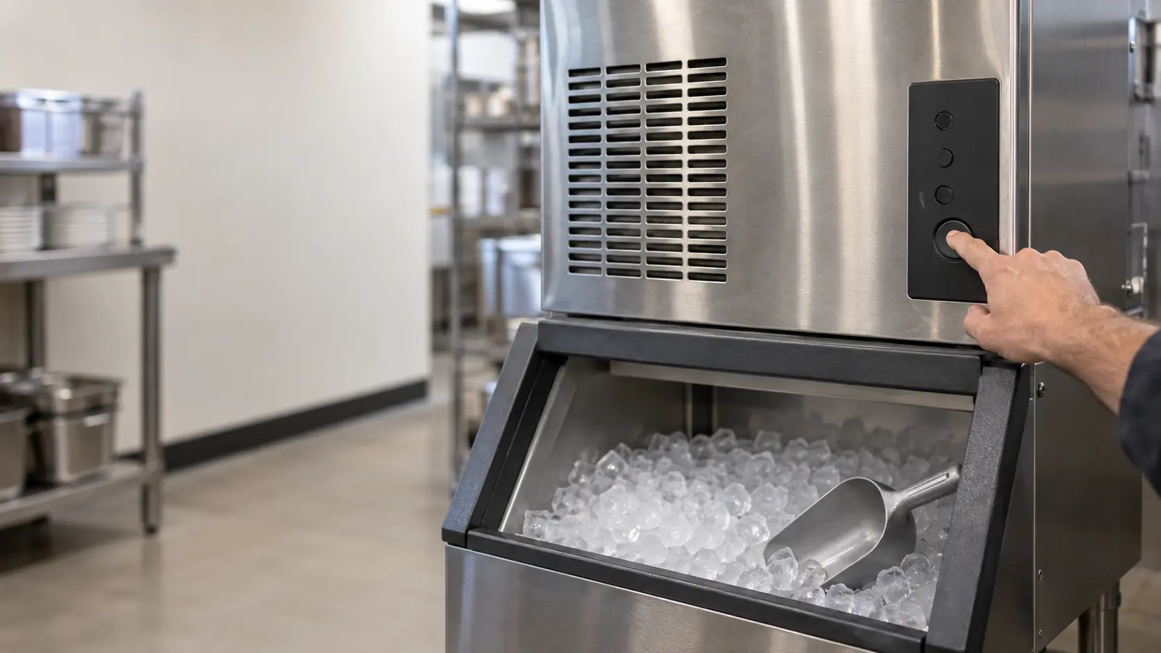 A finger pressing a button on the control panel of an ice machine, the lights dark.
