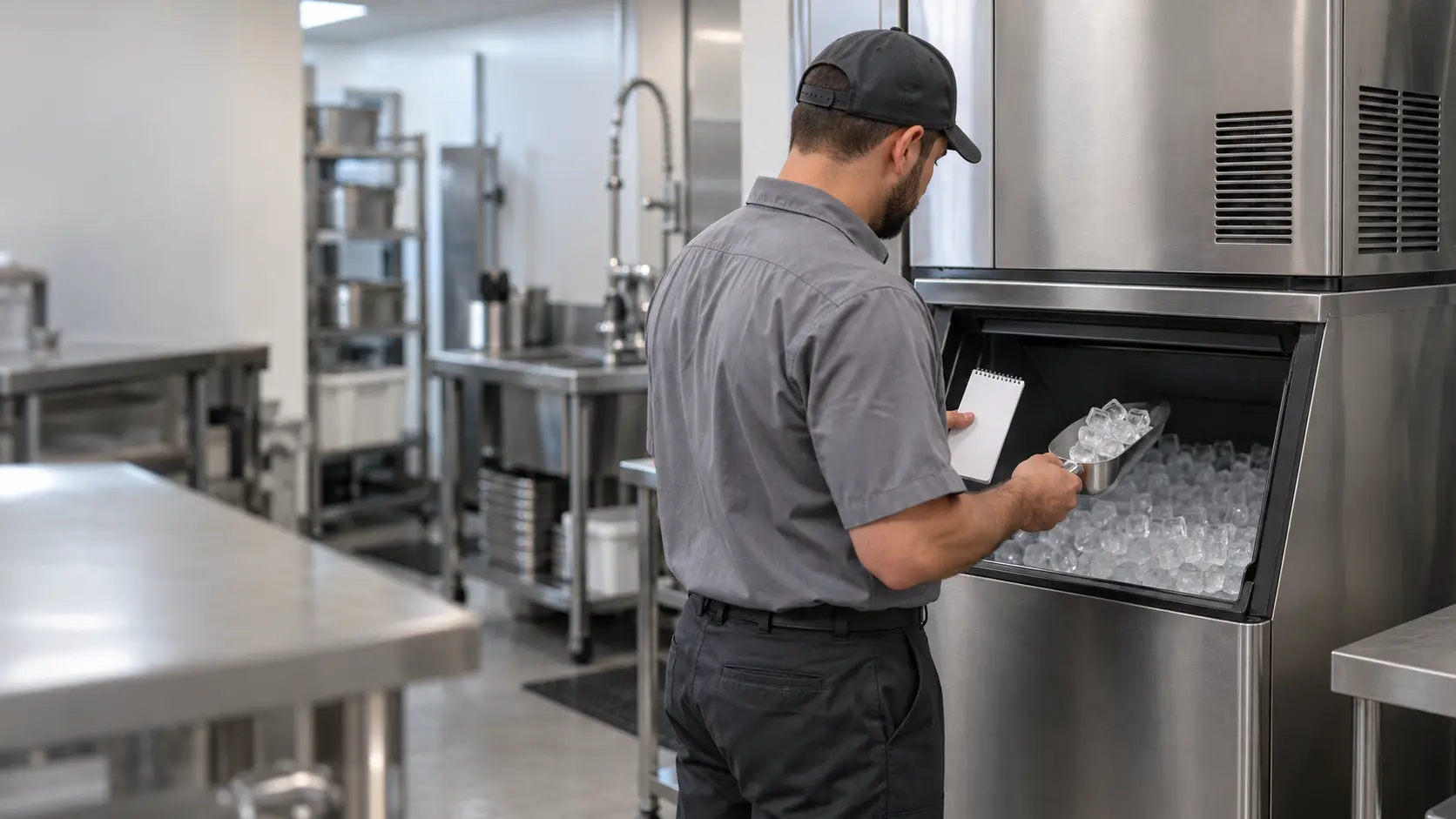 A technician in a plain gray work shirt stands beside a stainless modular ice machine on its ice bin in a restaurant back-of-house, holding a small notepad and looking at a handful of clear square ice cubes in a plain stainless scoop, the ice bin door open behind the scoop, the ice machine's front panel in place.