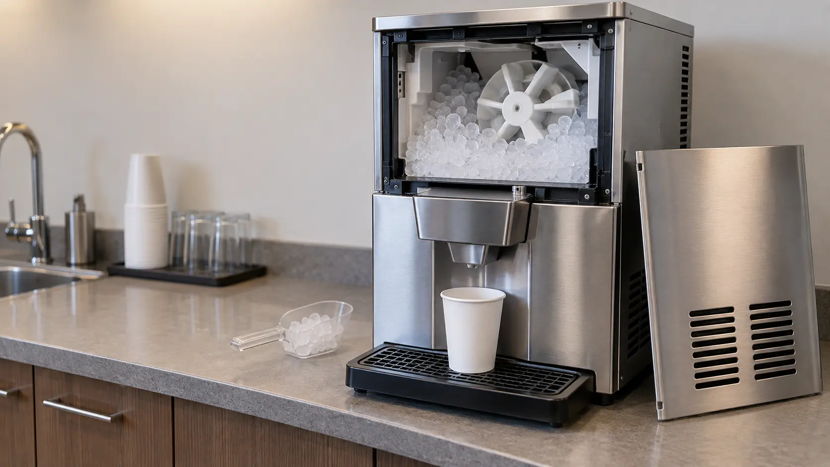 A stainless countertop ice and water dispenser in an office break room with its front cover set aside to show the agitator wheel inside a hopper of small clear nugget ice, a plain paper cup on the drip tray grate under the ice machine's spout.
