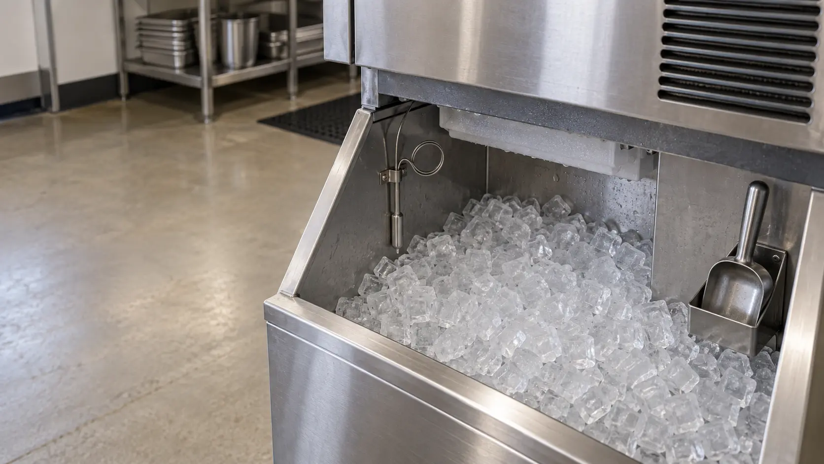 Looking down into an open stainless ice bin under a modular ice machine head, the ice bin heaped almost to the top with clear square ice cubes, a thin coiled thermostat bulb clipped to the bin wall just above the ice, a plain stainless scoop in its holder, the underside of the ice machine visible above.
