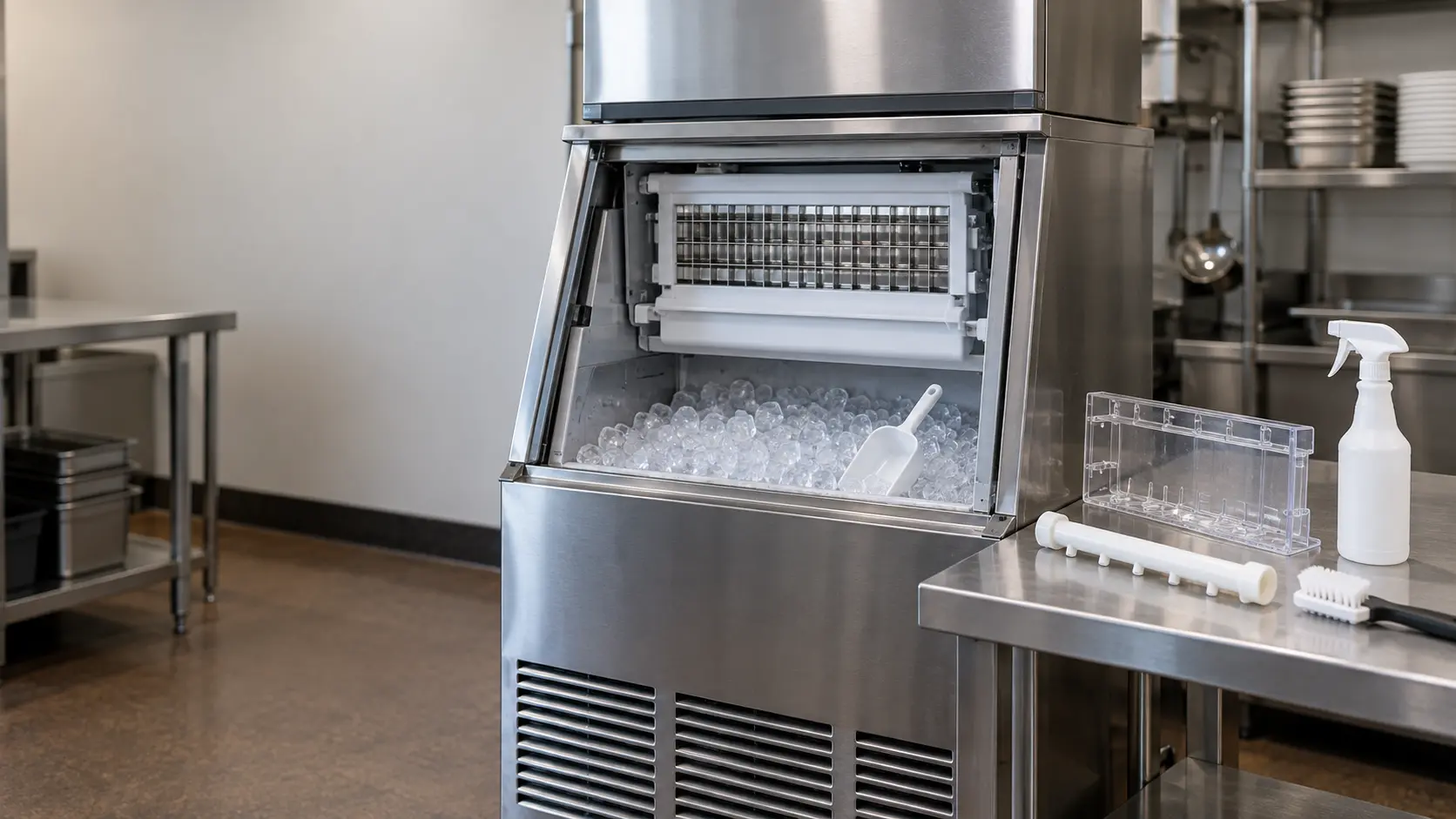 The open front of a stainless modular ice machine in a restaurant back-of-house, its clear water curtain and a white plastic distribution tube laid out on a stainless work table beside a spray bottle and a soft nylon brush, the ice machine's evaporator plate clean and bright.