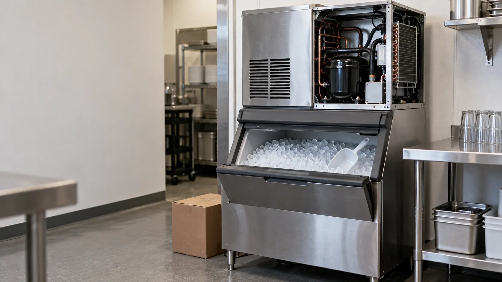 A stainless ice machine head on its ice bin in a restaurant back-of-house with its side panel removed to show the compressor, neat copper tubing and a small condenser coil inside the ice machine, a plain brown parts box on the floor beside it.