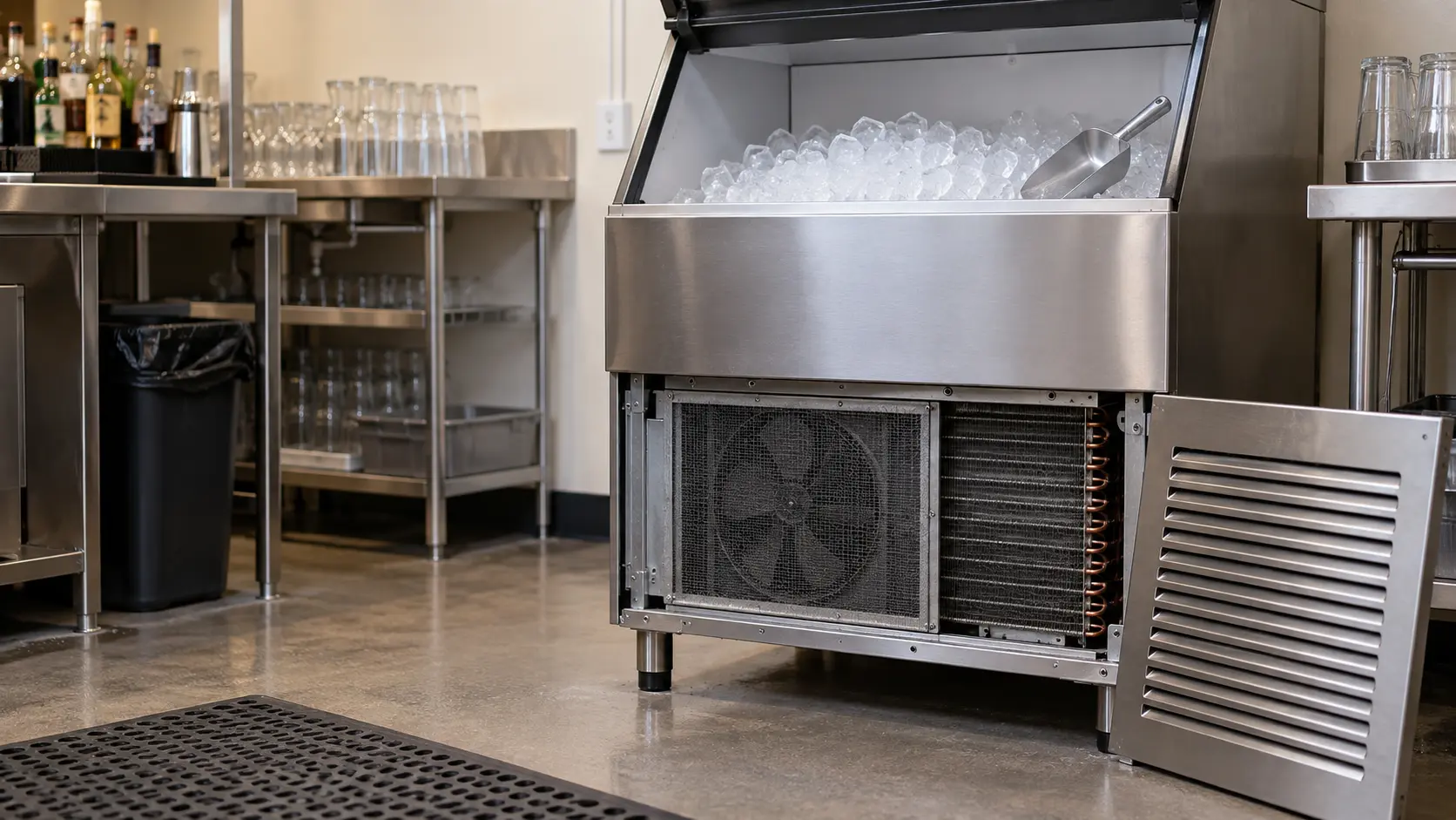 The lower front of a stainless air-cooled ice machine in a hotel bar back room with its louvered grille lifted away to show a finned condenser coil and a round fan blade behind a plain gray washable air filter, clear ice cubes in the ice machine's bin visible through the open bin door above.