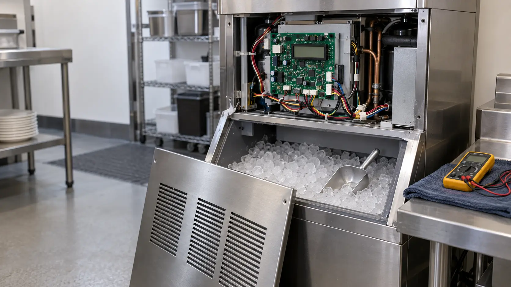 The open control box of a stainless ice machine in a restaurant back-of-house showing a green circuit board with a small blank display and neat wiring plugs, the ice machine's front panel leaning against the bin below, a multimeter lying on a folded cloth beside it and no hands touching the board.