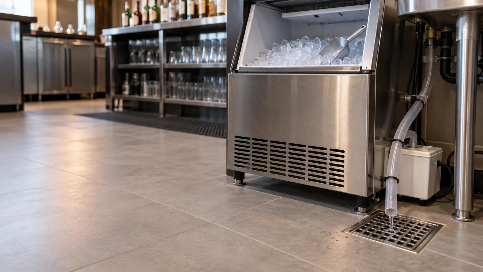 A low view behind a stainless undercounter ice machine in a hotel bar, a clear drain hose running from the ice machine down to a floor sink with an open air gap above its grate, a small plain white drain pump box beside the ice machine, a few drops of water on dry tile.