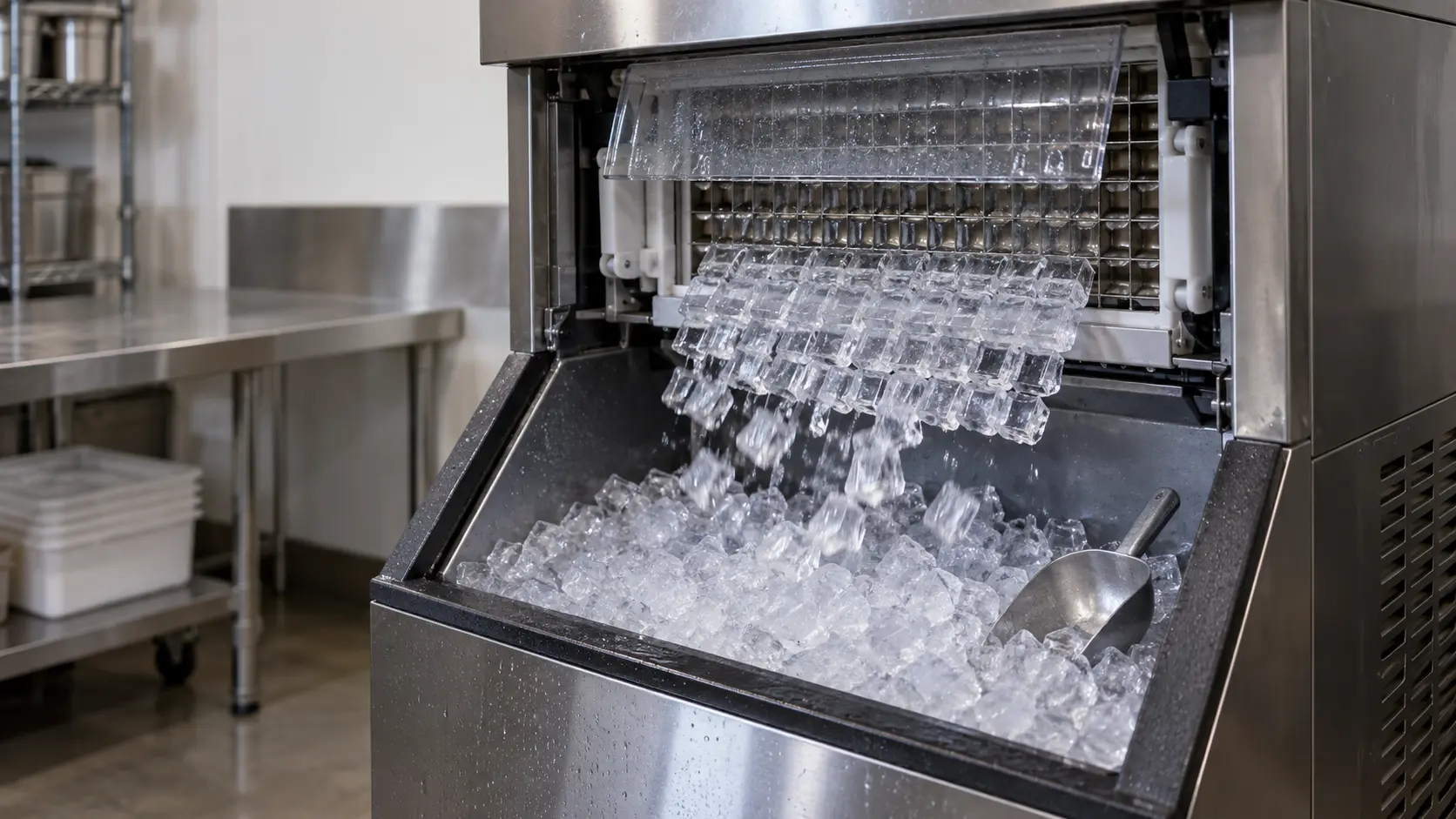 The open front of a stainless ice machine head in a restaurant back-of-house, a full sheet of clear square ice cubes sliding off the ice machine's evaporator plate behind a hinged clear water curtain and falling into the ice bin below, close view.