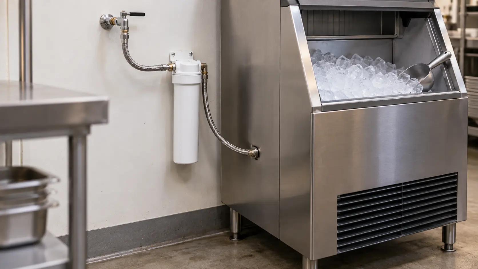 A close view of the lower back corner of a stainless ice machine in a restaurant back-of-house, a braided water line running from a quarter-turn shutoff valve through a plain white filter cartridge on the wall into the ice machine, clear ice cubes in a stainless bin in soft focus nearby.