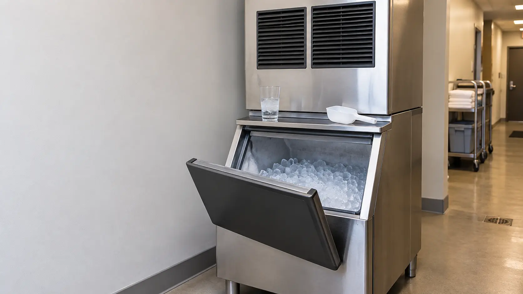 A stainless modular ice machine on its bin in a clean hotel back corridor, the bin door open with a half-empty glass of iced water standing untouched on the bin lid beside a white scoop, the cubes in the ice machine's bin clear but a faint grayish film on the inside walls of the bin.