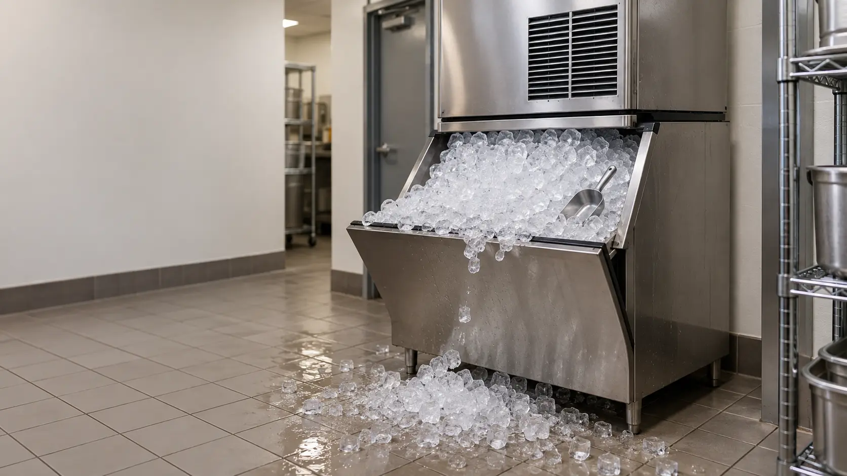 A stainless modular ice machine head on a stainless storage bin in a hotel service corridor, the bin door propped open and clear cubes heaped high up to the underside of the ice machine head and spilling over the edge of the bin onto the tile floor below.