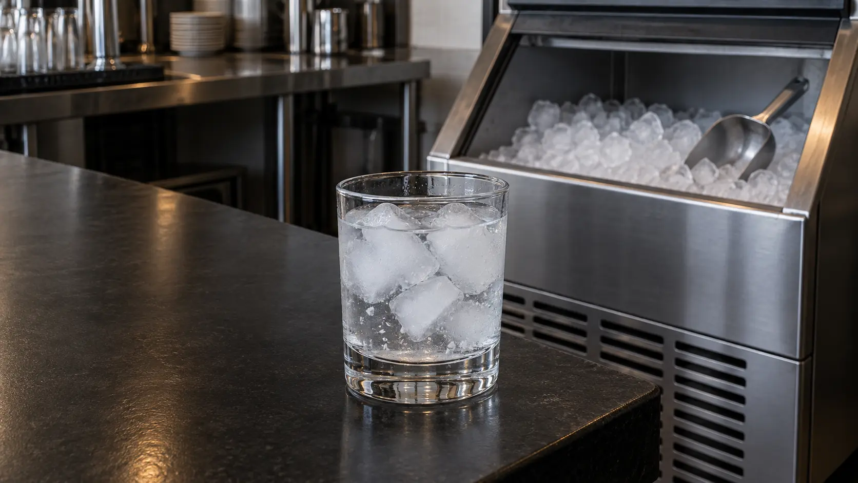 A heavy rocks glass on a dark bar top filled with milky white cloudy cubes from an ice machine, a few white flakes floating in the water around them, and behind it slightly out of focus a stainless undercounter ice machine with its bin door open showing clumped cloudy ice.