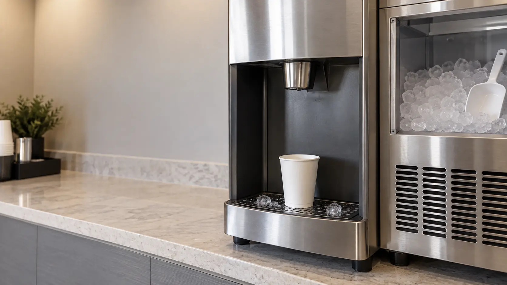 A stainless countertop ice and water dispenser on a light stone counter in a quiet hotel ice alcove, an empty paper cup standing under the dispenser's chute with nothing in it, a few loose ice cubes melting on the drip grate of the ice dispenser.